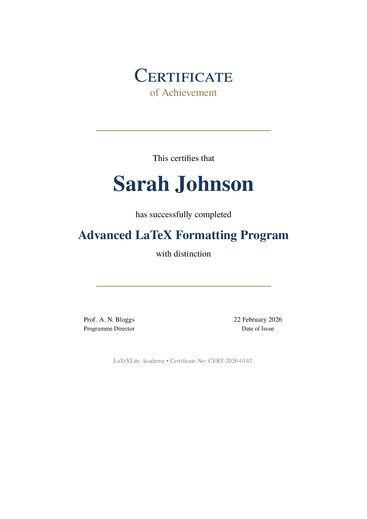 LaTeX Certificate template preview — render as PDF via API